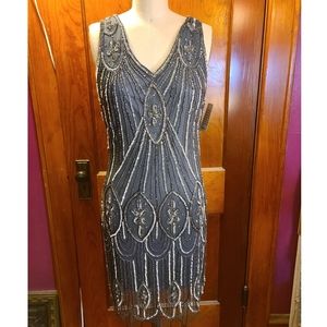 Pisarro Nights Grey Art Deco Beaded Flapper Dress size 10 NWT